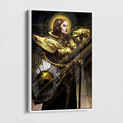 A framed golden valkyrie warrior canvas wall art featuring a radiant female knight with winged armor and halos on dark gothic background