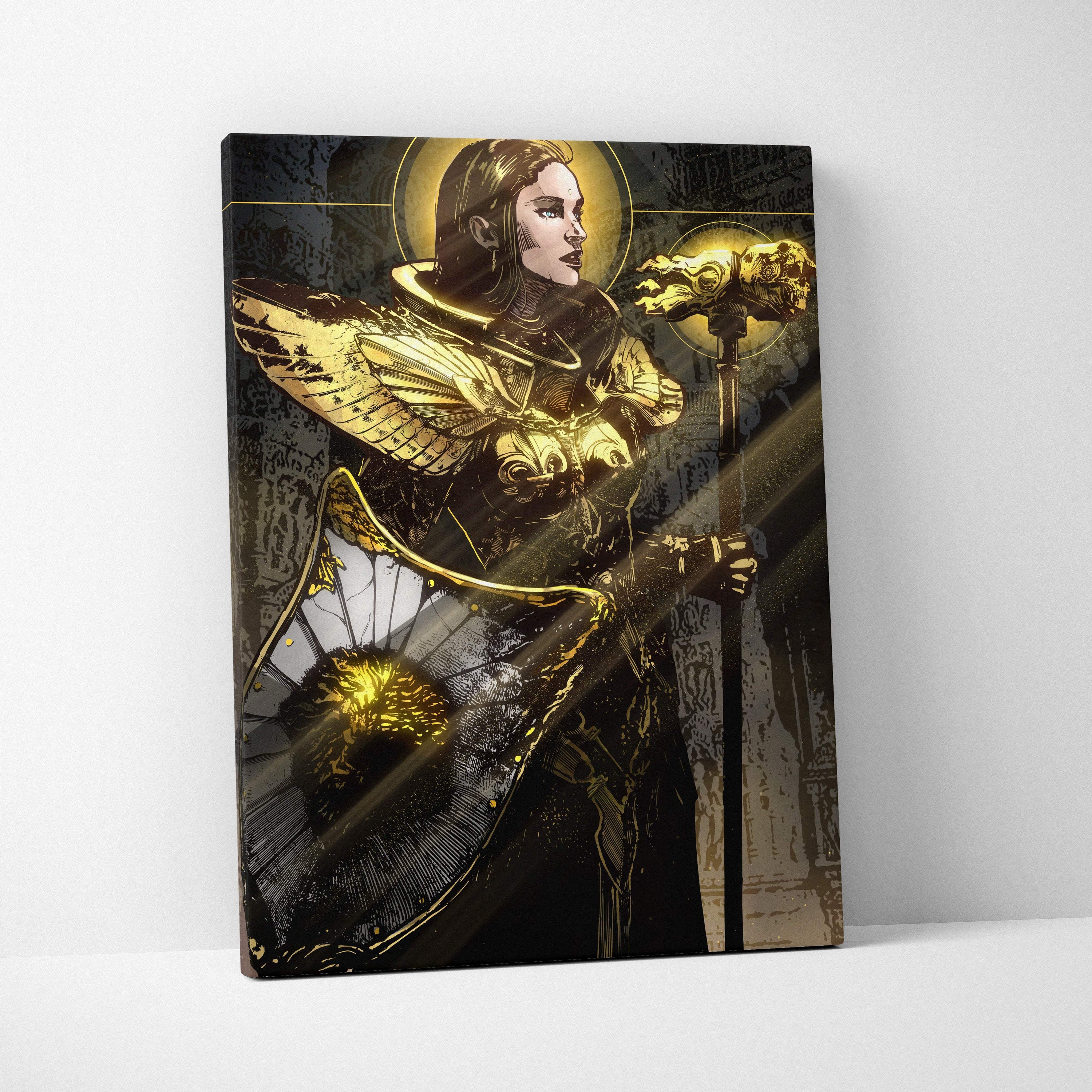 Golden valkyrie warrior canvas wall art in black and gold featuring a divine female knight with halo and winged armor