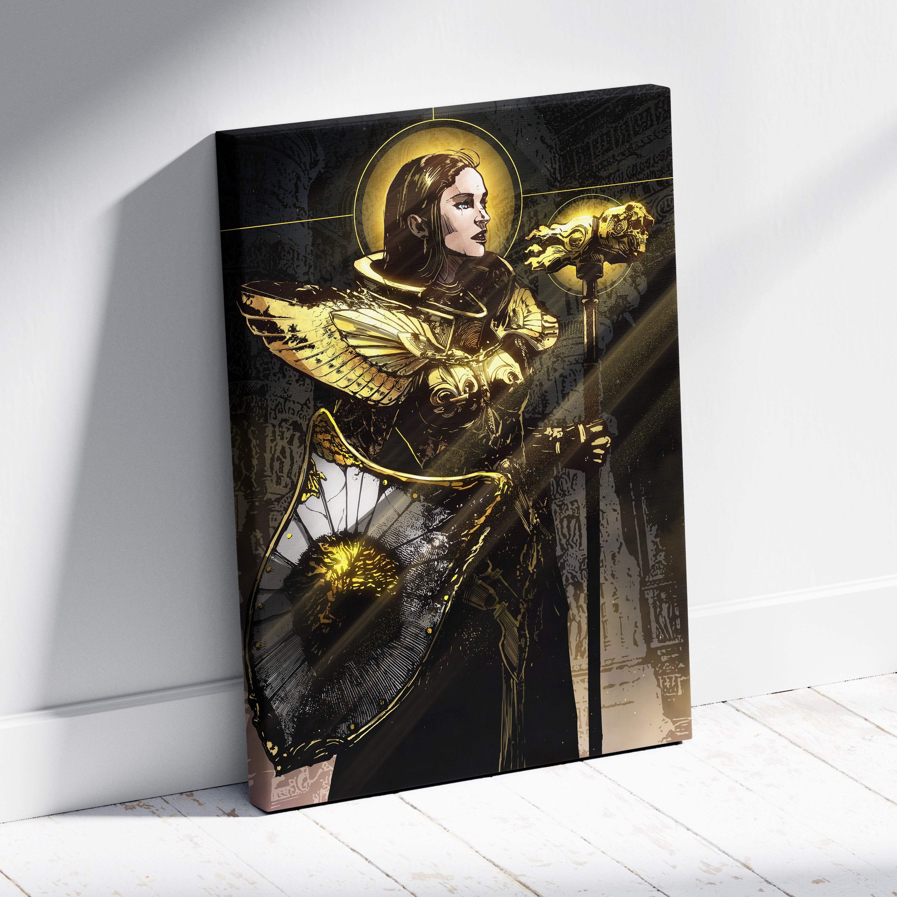 Golden valkyrie warrior canvas wall art featuring black and gold armored angelic figure with intricate winged design