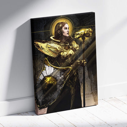 Golden valkyrie warrior canvas wall art featuring black and gold armored angelic figure with intricate winged design