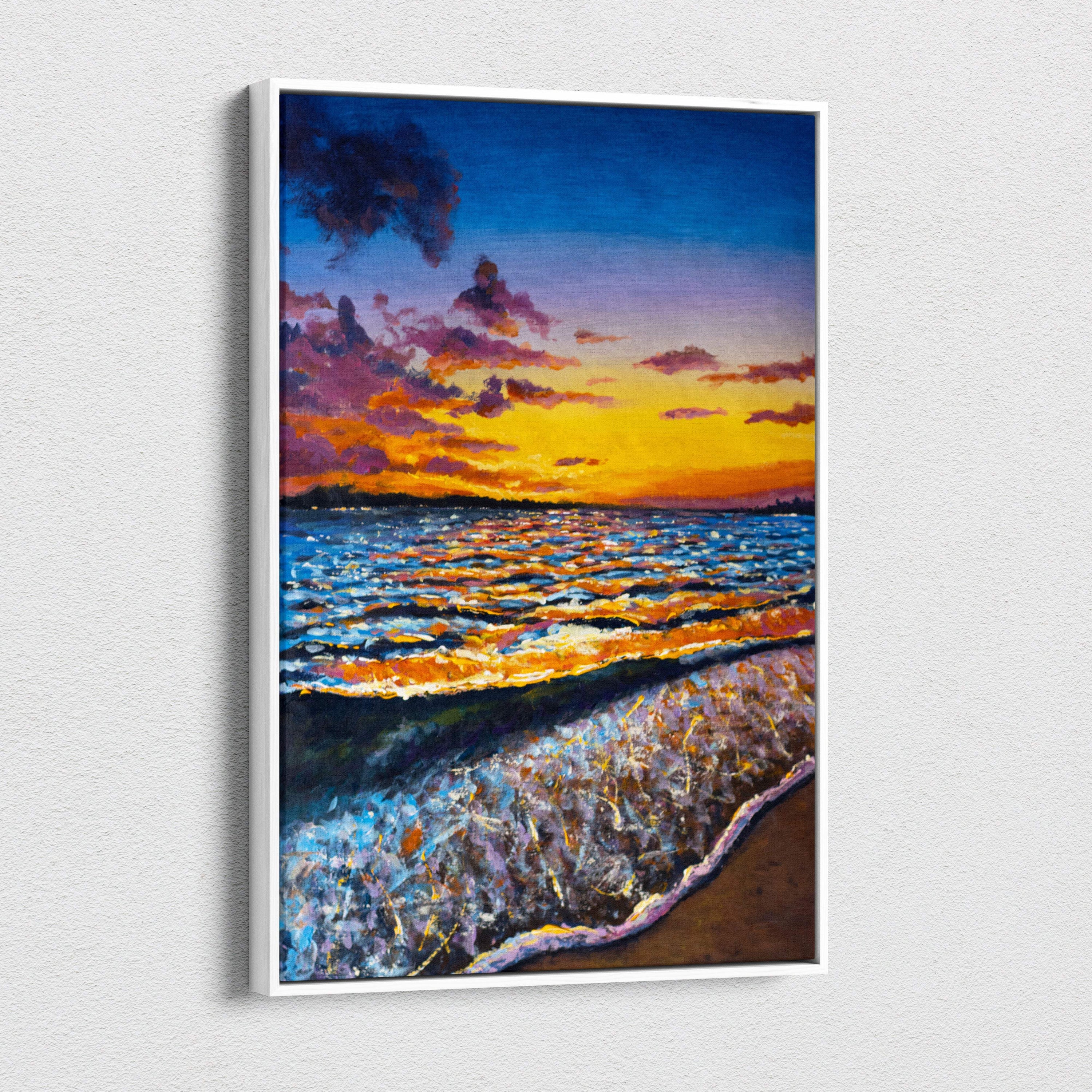 Vibrant ocean sunset waves canvas print with bold brushstrokes deep blue water golden horizon white frame