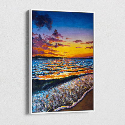Vibrant ocean sunset waves canvas print with bold brushstrokes deep blue water golden horizon white frame