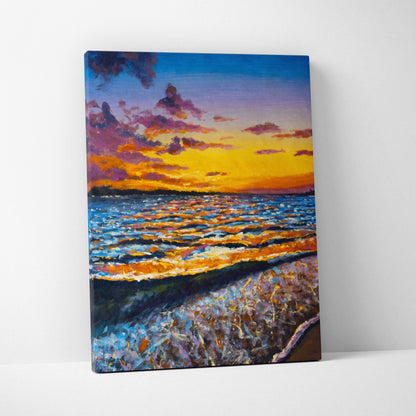 Ocean sunset waves canvas print featuring vibrant oil painting style with textured brushstrokes and colorful sky gradient