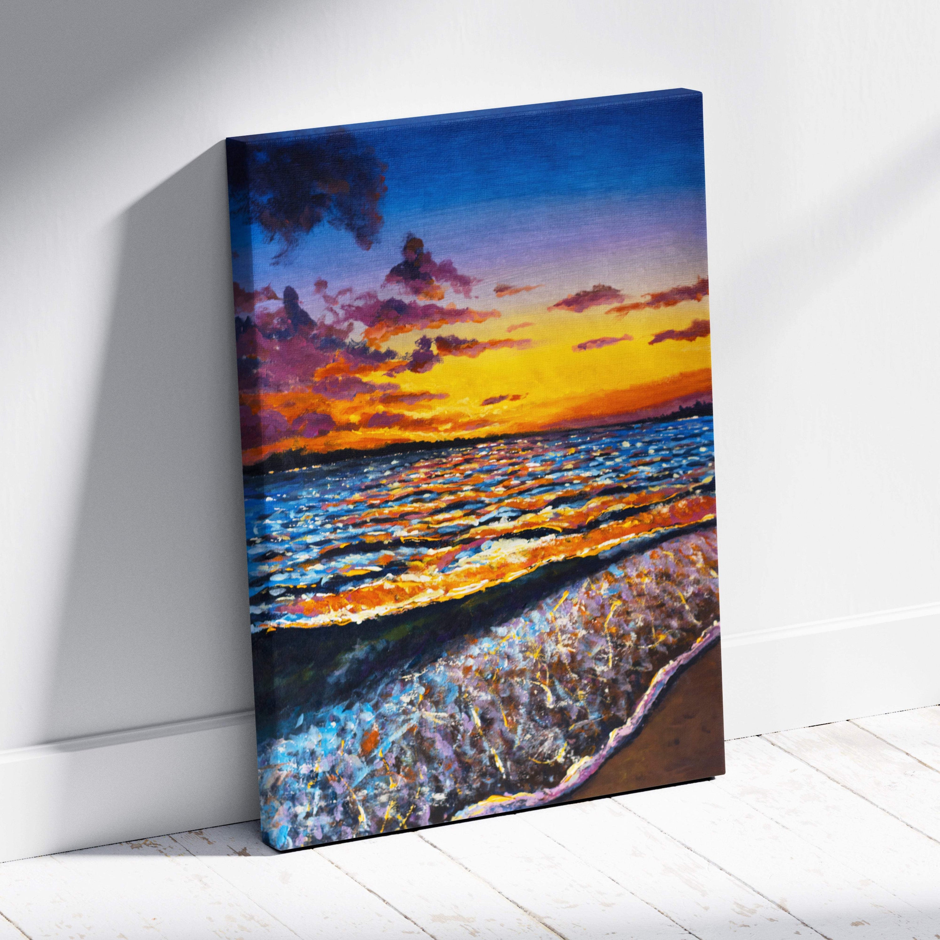 Vibrant ocean sunset waves canvas print with bold brushstrokes in rich blues oranges and purples oil painting style wall art
