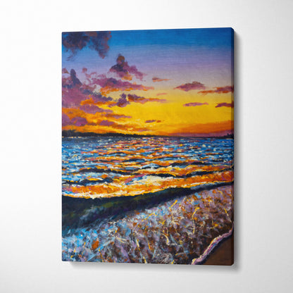 Ocean sunset waves canvas print with vibrant purple orange blue gradient sky and textured oil painting brushstrokes