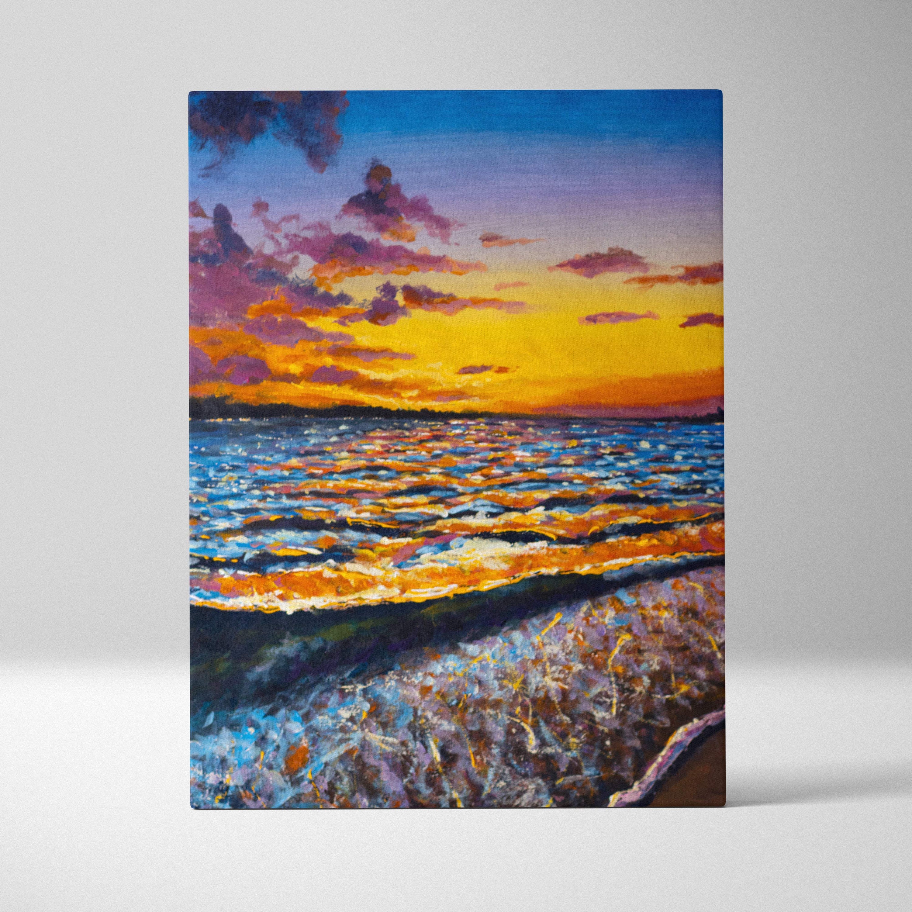 Ocean sunset waves canvas print featuring vibrant orange purple and blue seascape with golden horizon and dramatic sky