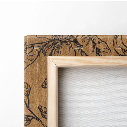 Back of vintage floral kraft canvas wall art with corkboard backing