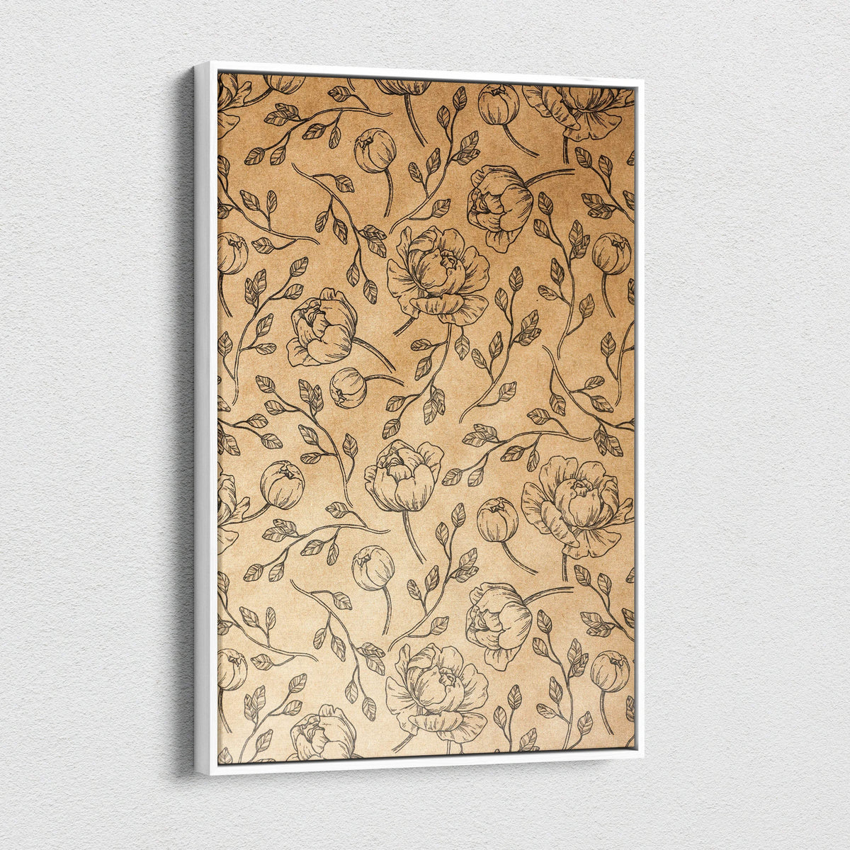 Vintage floral kraft canvas wall art with hand-drawn roses and leaves