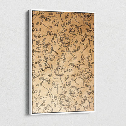 Vintage floral kraft canvas wall art with hand-drawn roses and leaves