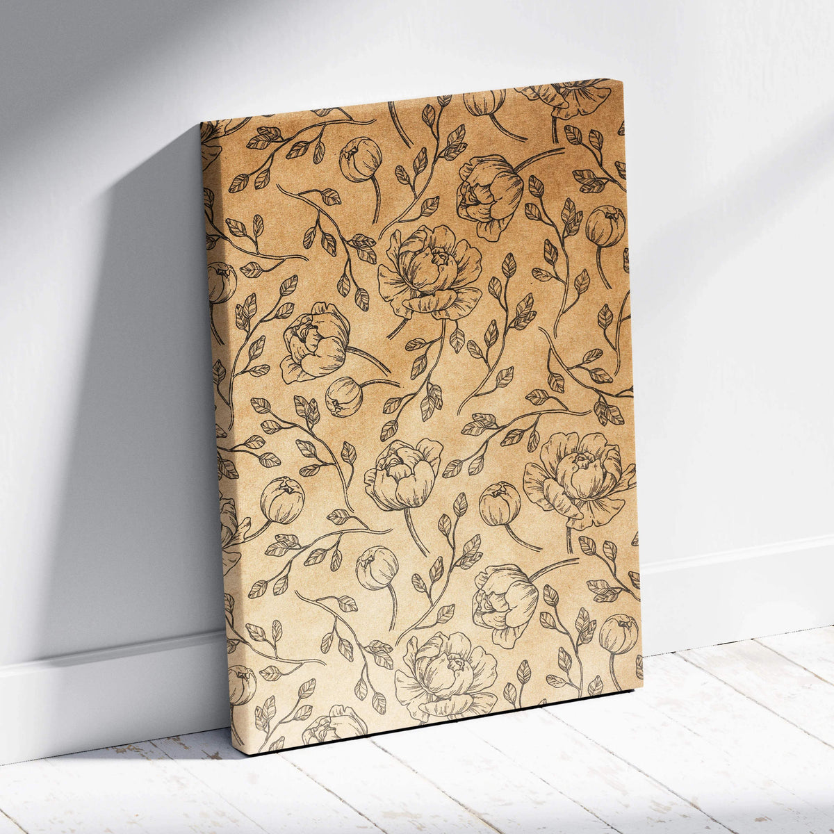 Vintage floral kraft canvas wall art with hand-drawn roses and leaves