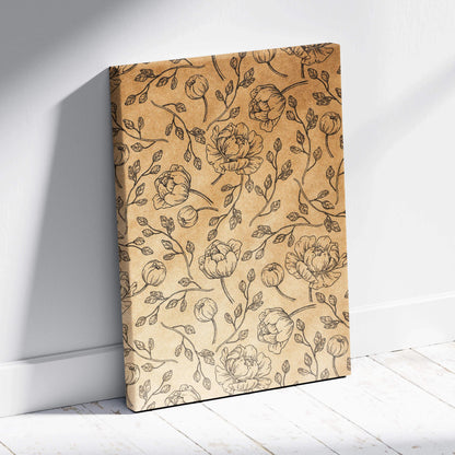 Vintage floral kraft canvas wall art with hand-drawn roses and leaves