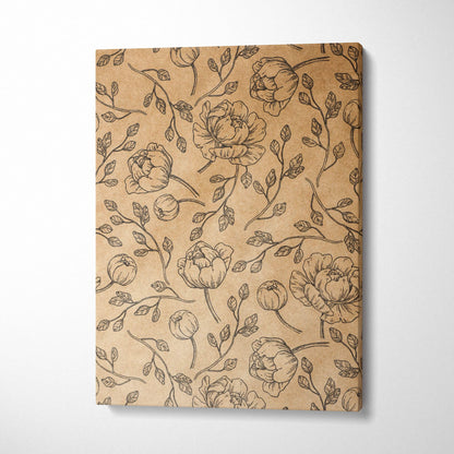 Vintage floral kraft canvas wall art with hand-drawn peonies, roses, vines