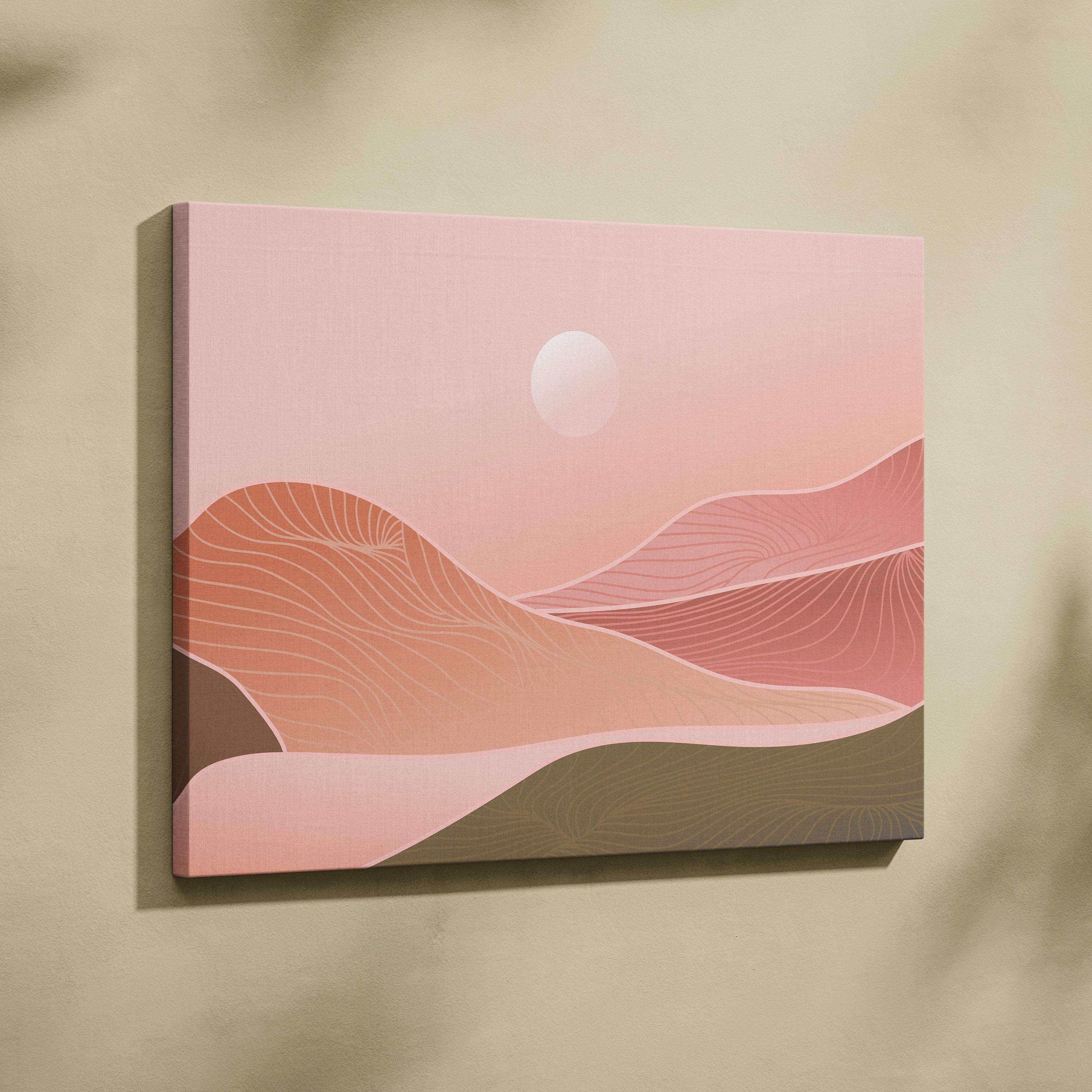 Boho desert sunset canvas wall art featuring abstract layered desert dunes in blush pink terracotta and earth tones