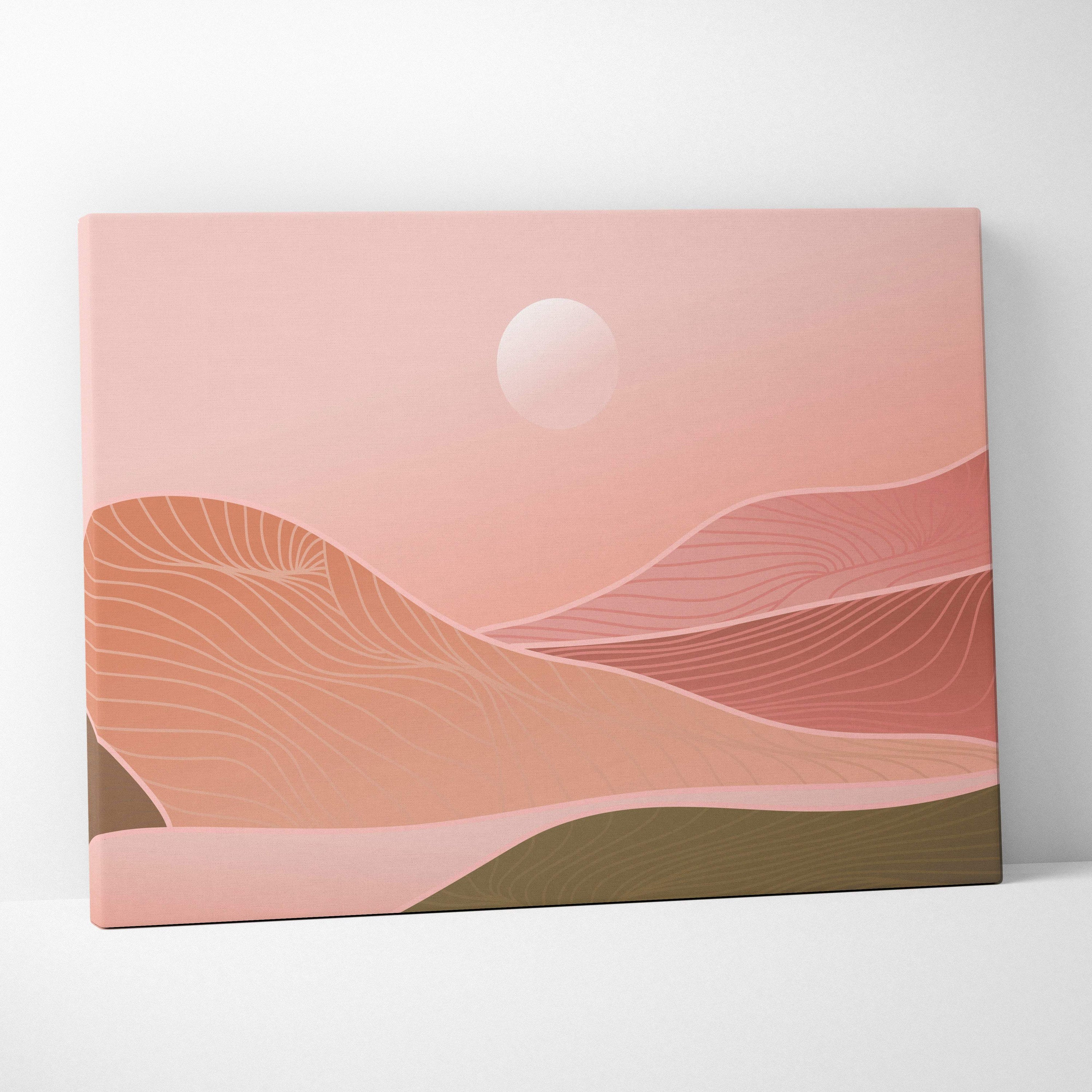 Boho desert sunset canvas wall art with abstract blush pink and terracotta dunes and pale sun on stretched fabric