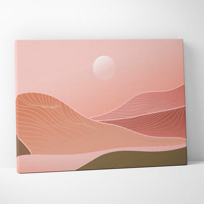 Boho desert sunset canvas wall art with abstract blush pink and terracotta dunes and pale sun on stretched fabric