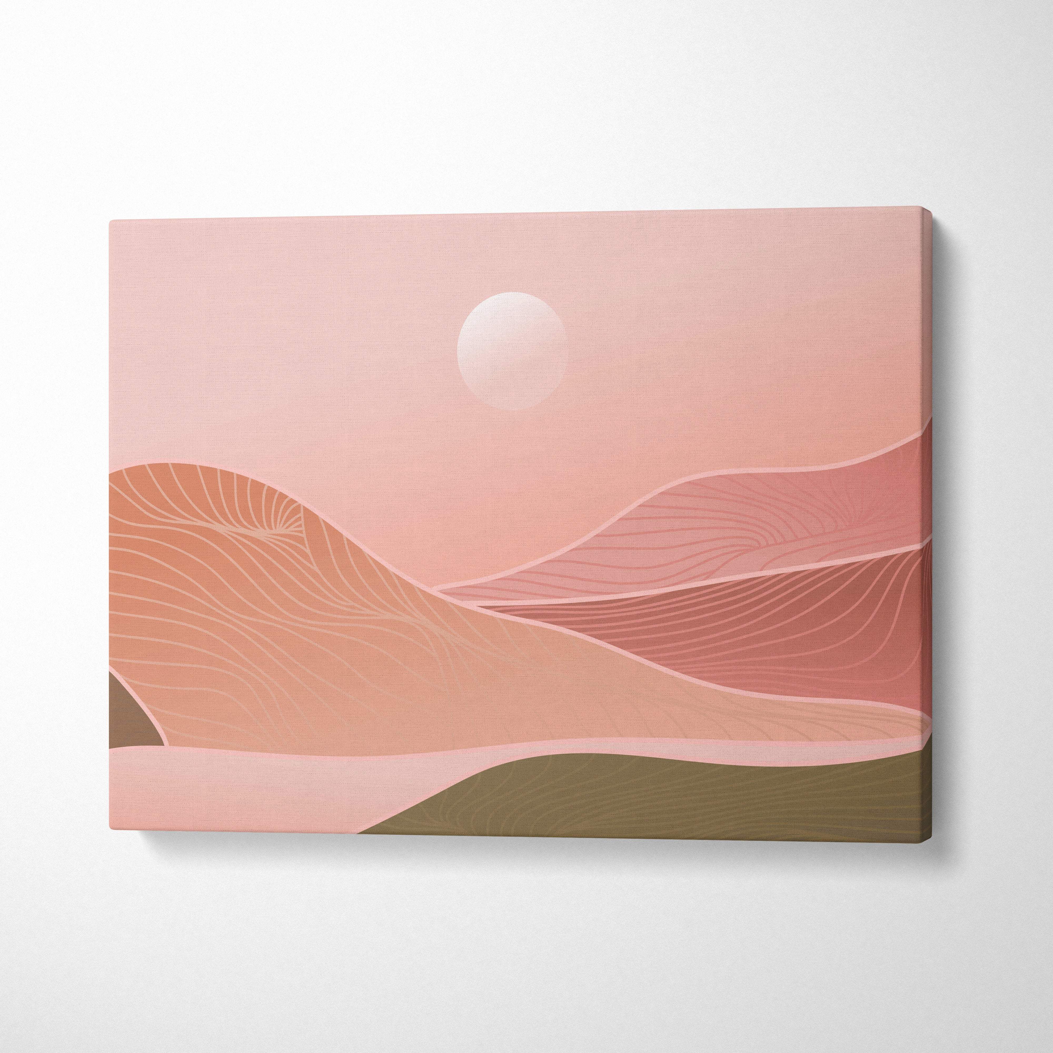 Boho desert sunset canvas wall art with abstract layered desert dunes in blush pink terracotta and earth tones