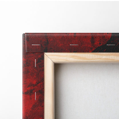 Crimson hooded assassin canvas art featuring red and black abstract design with light wood frame for gothic decor