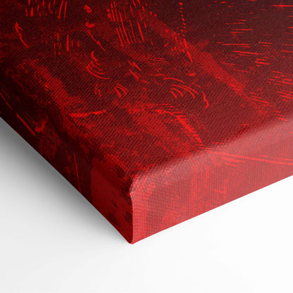 Crimson hooded assassin canvas art featuring vibrant red textured brushstroke patterns with blood red grunge background
