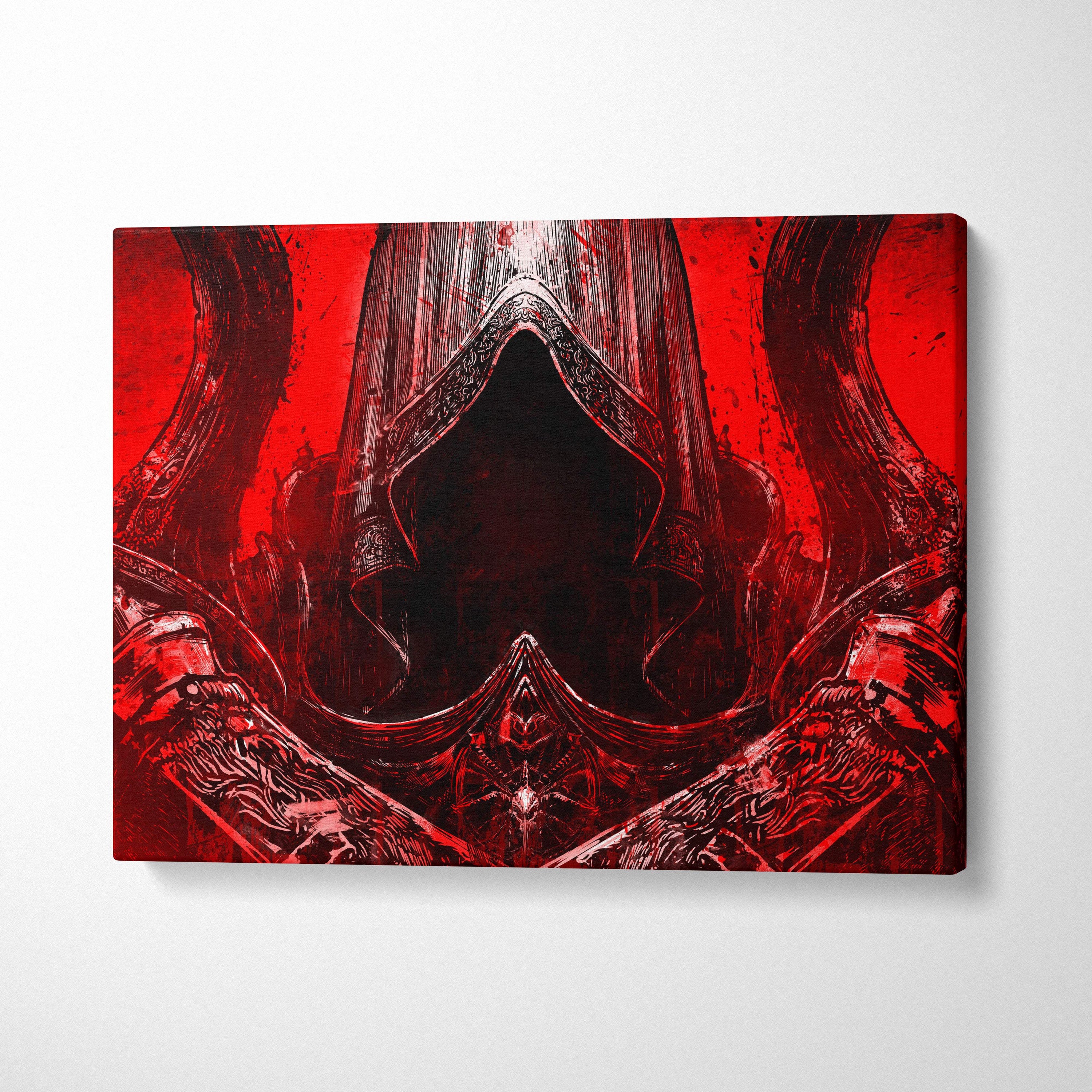 Red canvas print of crimson hooded assassin with ornate armor and horns on vivid red grunge background wall art decor