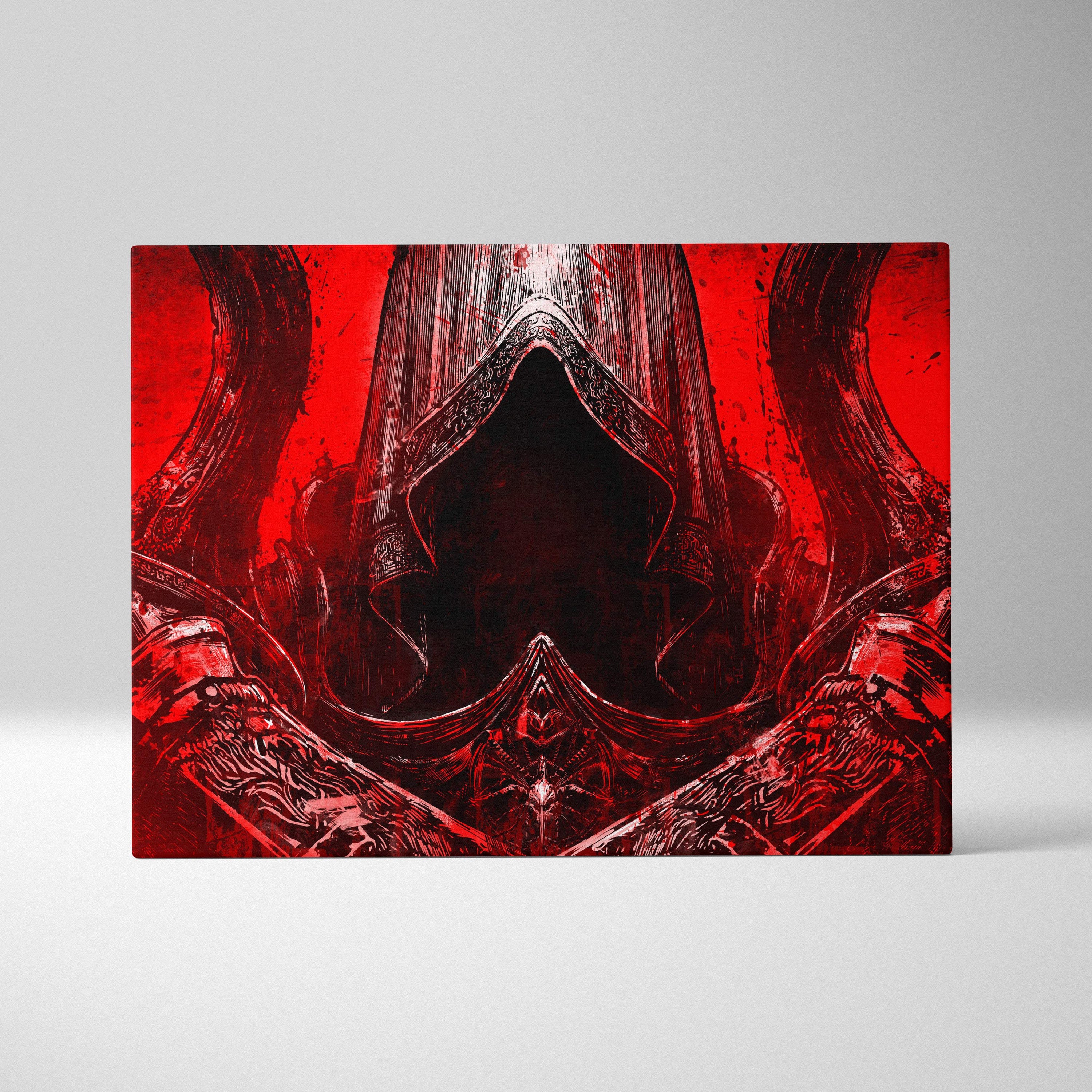 Crimson hooded assassin canvas art featuring a red and black armored figure with twin swords on a blood red background