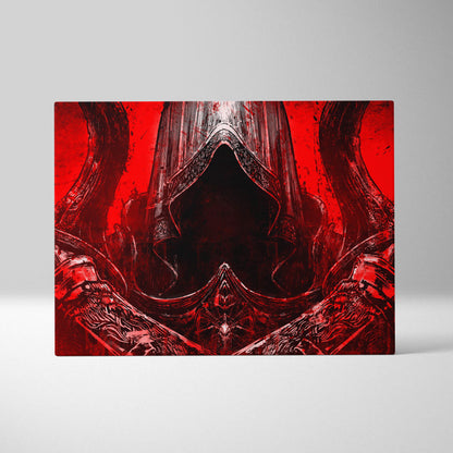 Crimson hooded assassin canvas art featuring a red and black armored figure with twin swords on a blood red background