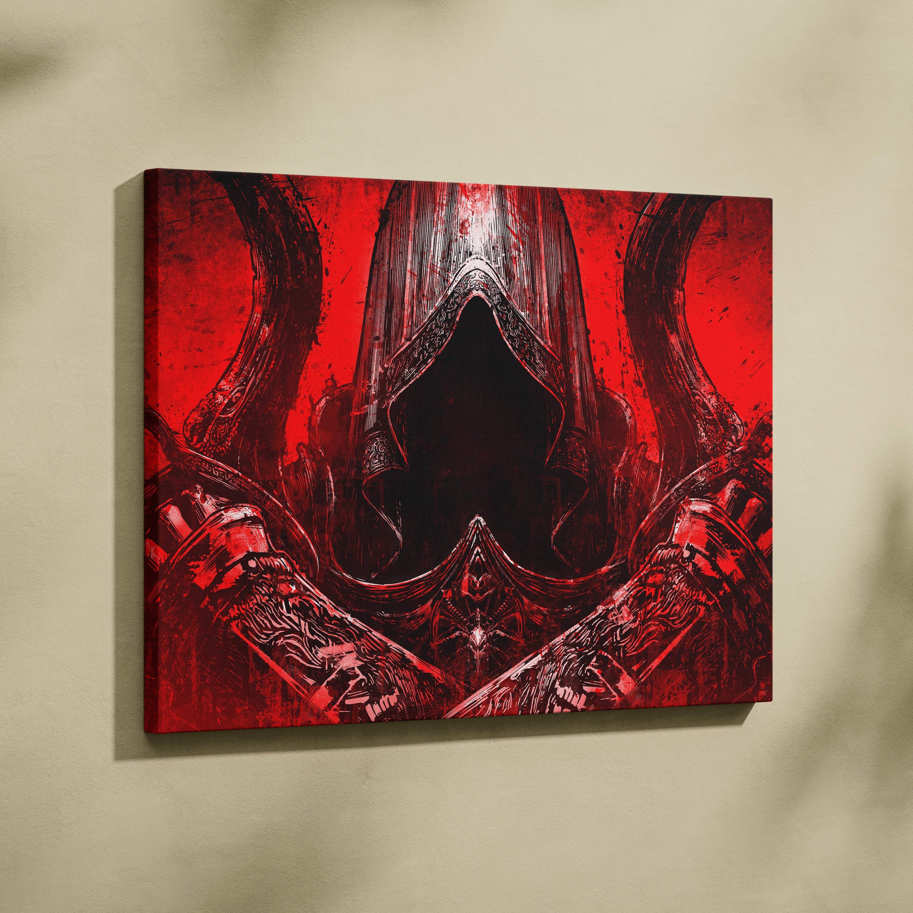 Red and black canvas art featuring a crimson hooded assassin in intricate armor with twin swords on a blood red grunge background