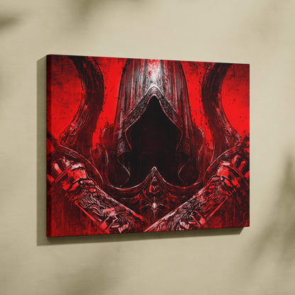 Red and black canvas art featuring a crimson hooded assassin in intricate armor with twin swords on a blood red grunge background