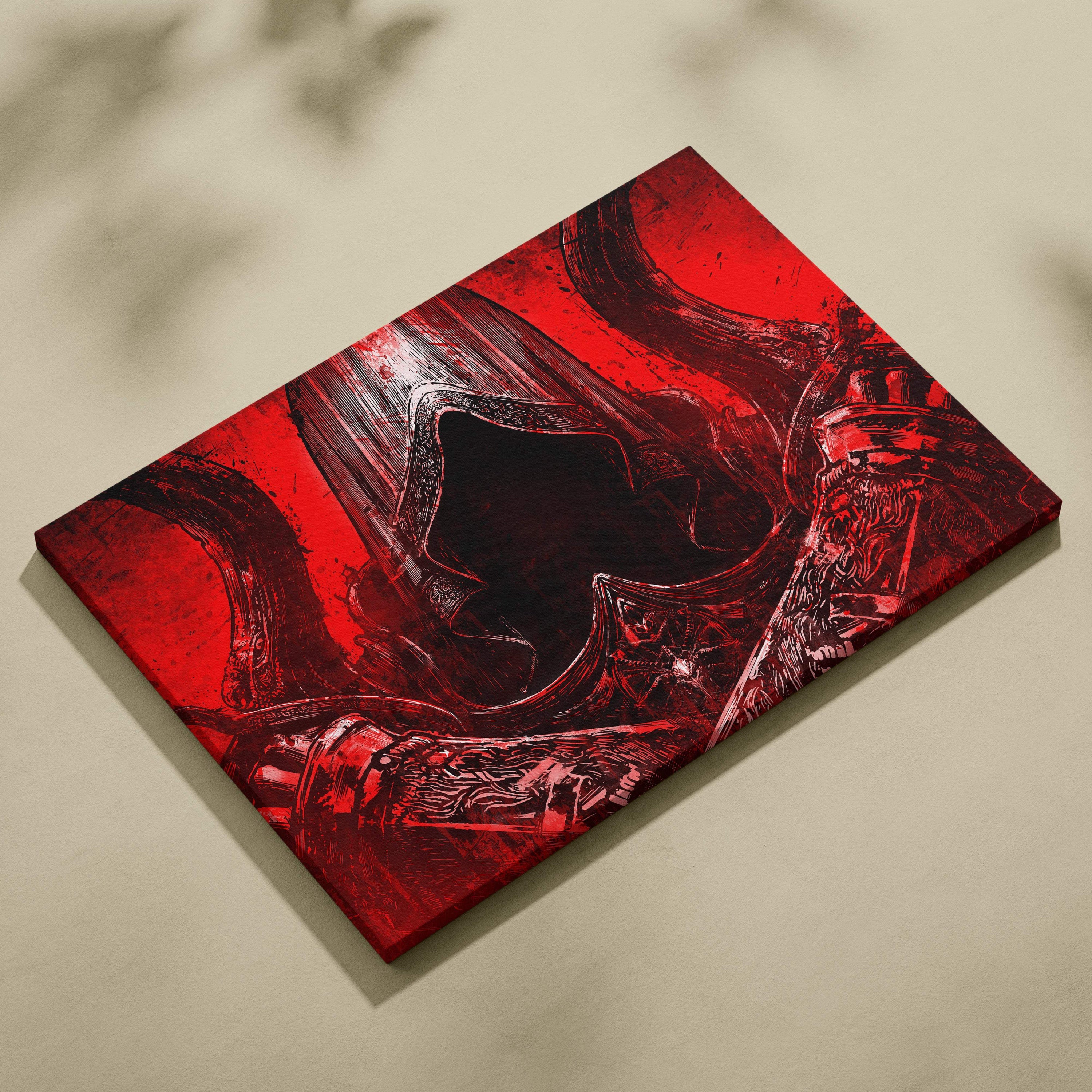 A vibrant red canvas print of dark gothic warrior armor and twin swords on a blood red grunge background