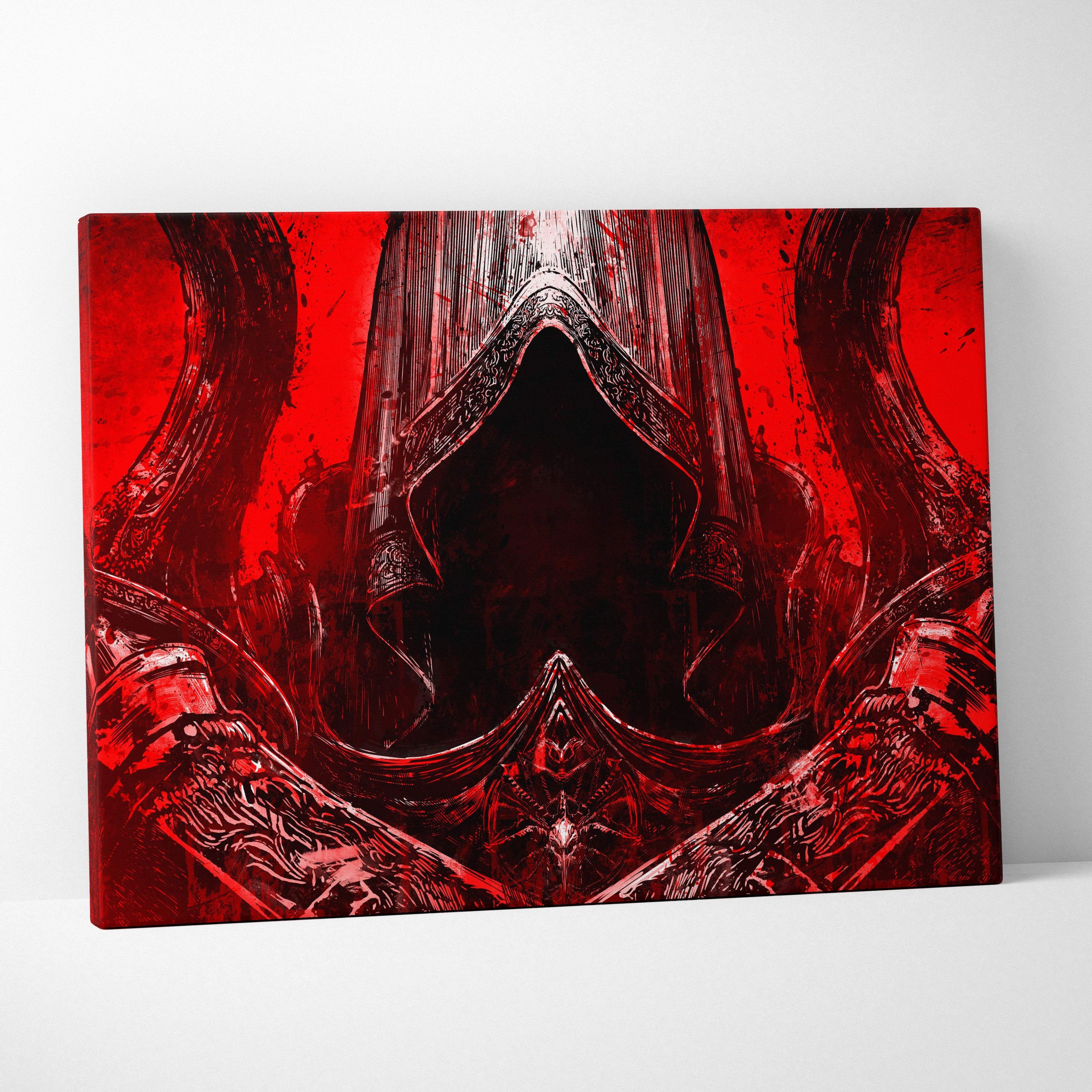 Red canvas print of crimson hooded assassin with ornate armor and twin swords on dark gothic blood red background
