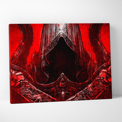 Red canvas print of crimson hooded assassin with ornate armor and twin swords on dark gothic blood red background