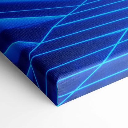 Deep blue canvas print with glowing cyan geometric lines featuring vaporwave neon cyber city synthwave art design