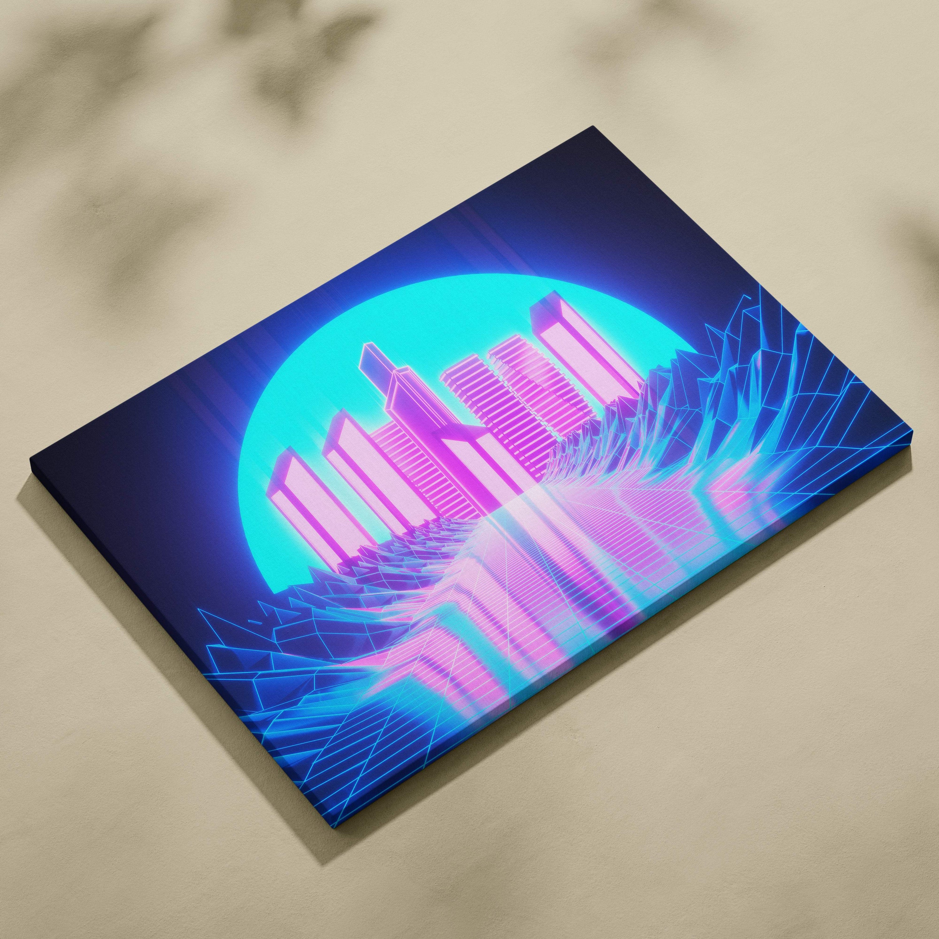 Retrowave neon mountain grid canvas art print with neon pink and blue glowing geometric lines and starry night sky wall decor