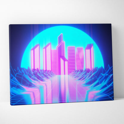 Retrowave neon mountain grid canvas art print featuring neon pink and cyan synthwave cityscape with starry night sky