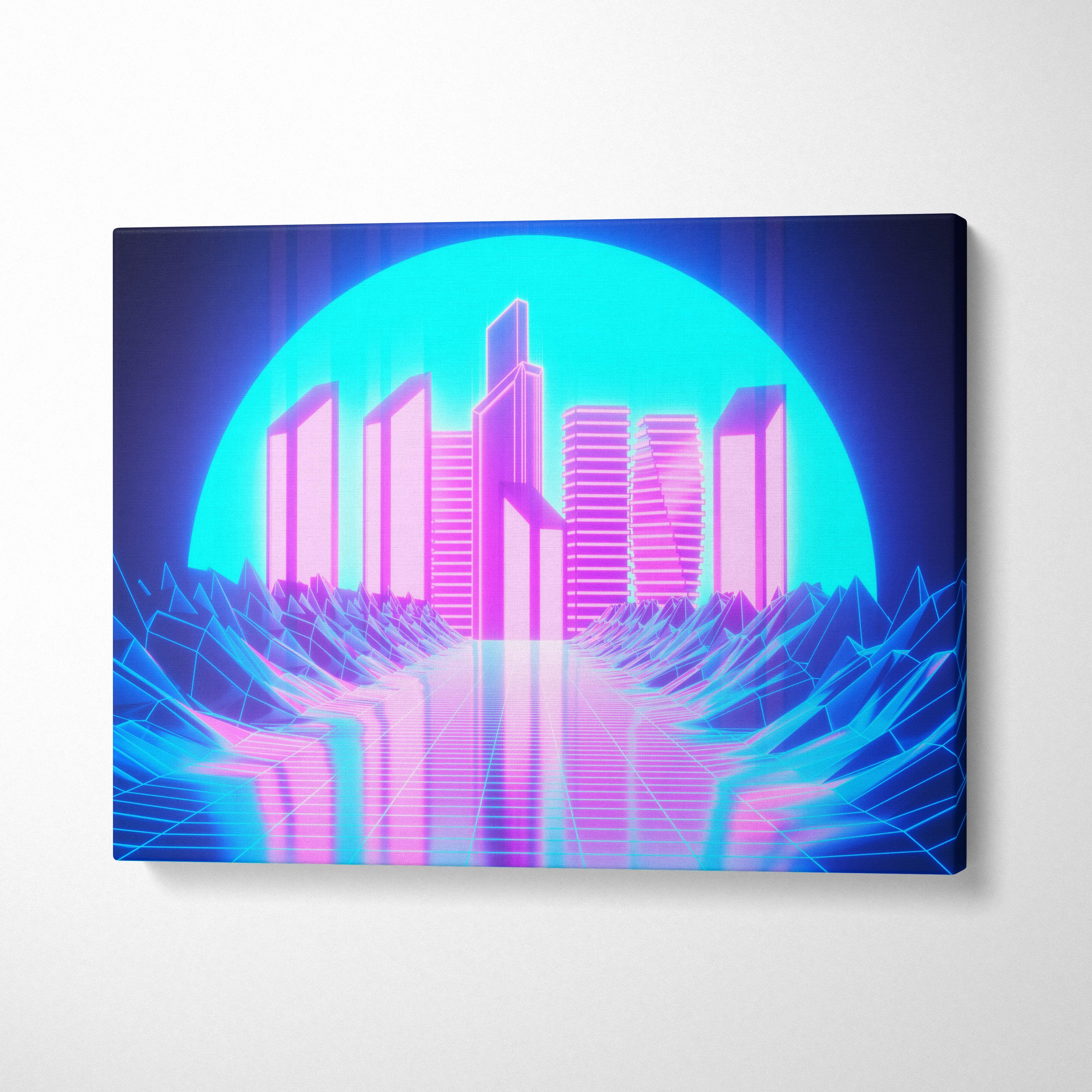 Vaporwave neon cyber city canvas art print featuring vibrant neon pink and cyan retro-futuristic geometric skyline