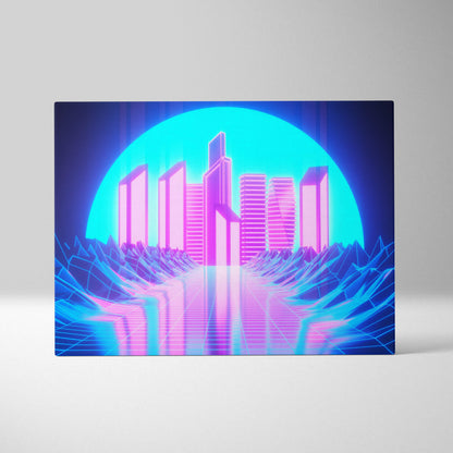 Vaporwave neon cyber city canvas art print featuring vibrant pink and blue retro-futuristic skyline with glowing sun