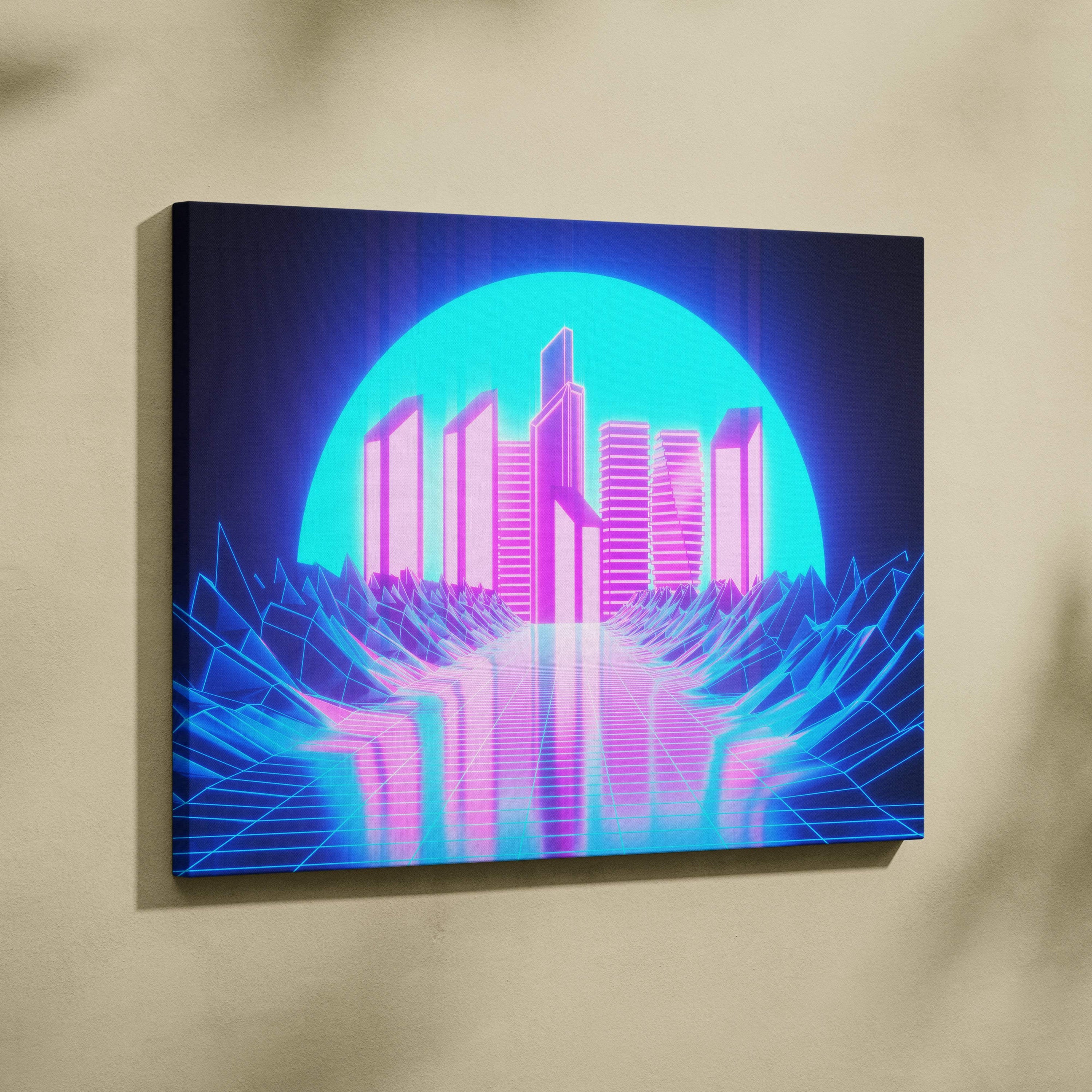 Retrowave neon mountain grid canvas art print with glowing cyan sun behind pink skyscrapers reflecting on blue terrain