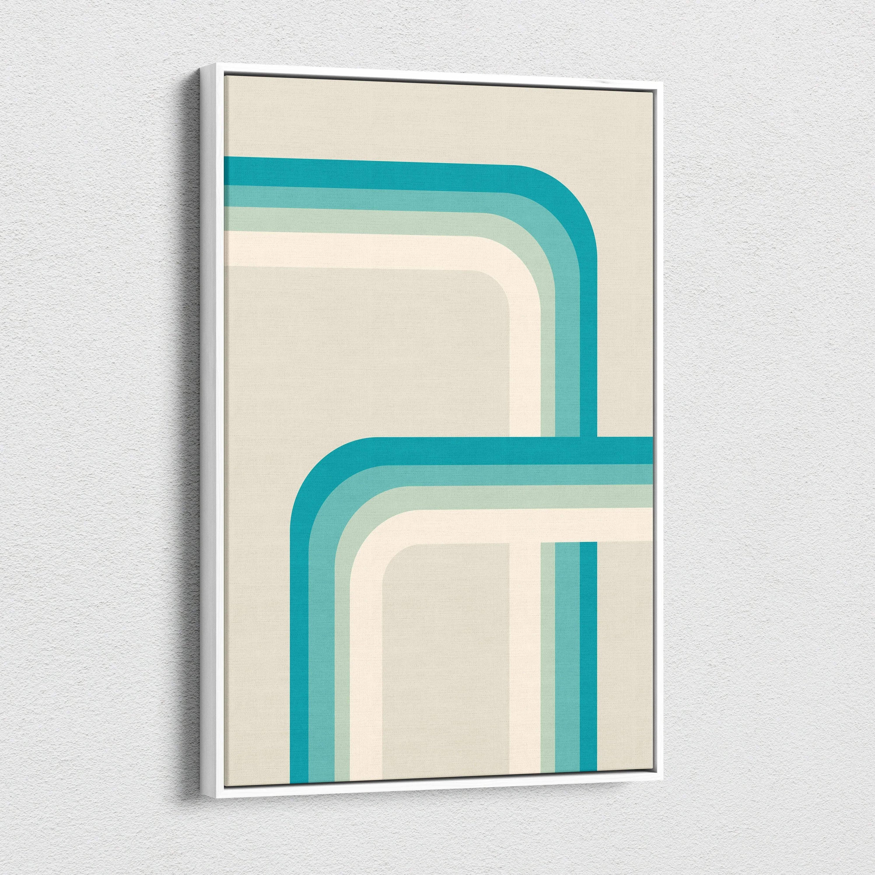 Modern teal cream curved stripes canvas wall art in white frame