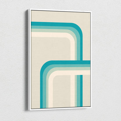 Modern teal cream curved stripes canvas wall art in white frame