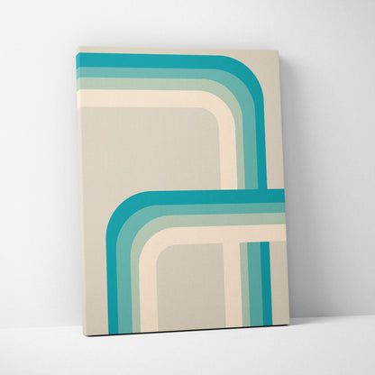 Modern retro geometric stripes canvas wall art in teal, sage, cream, beige