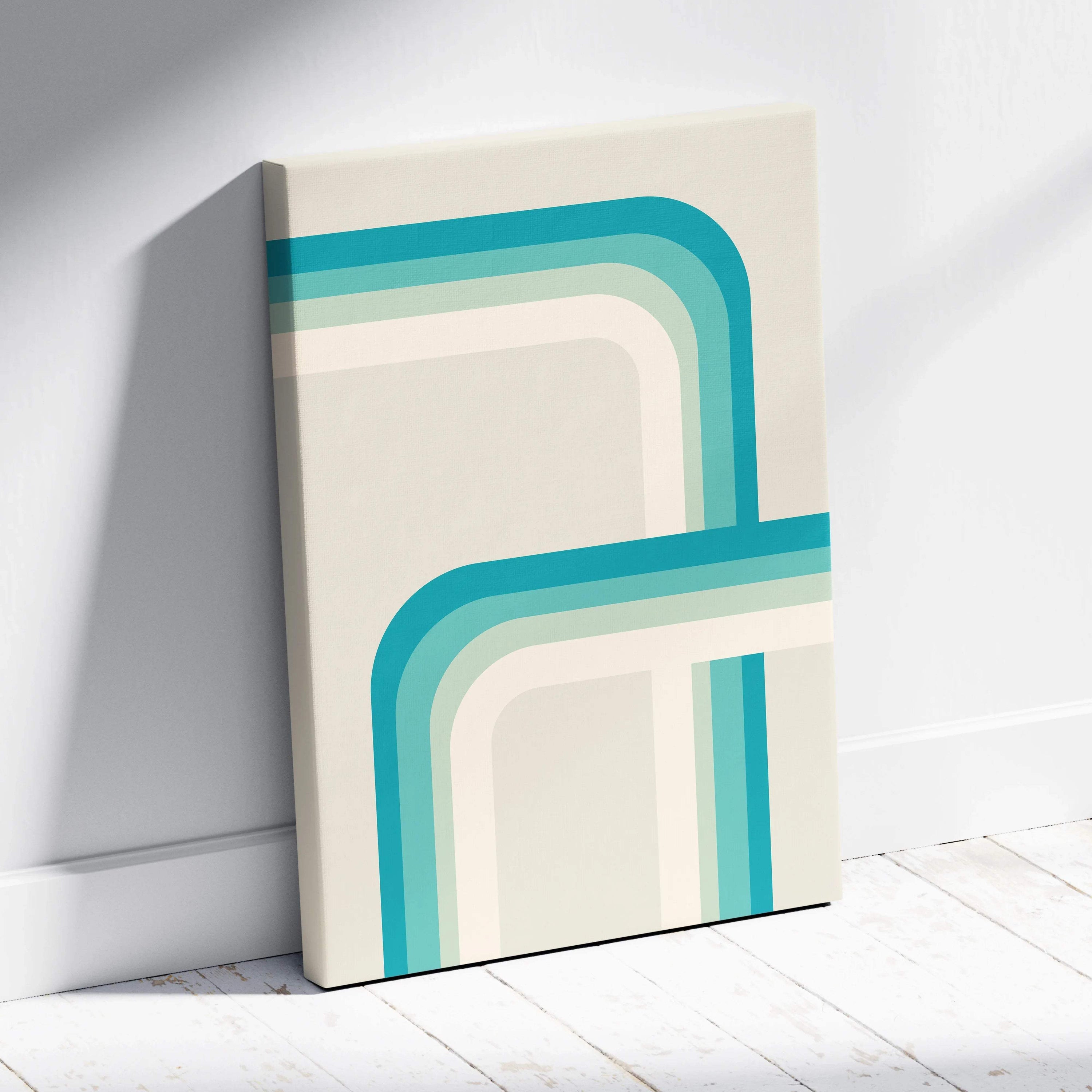 Modern retro geometric stripes canvas wall art in teal sage cream beige