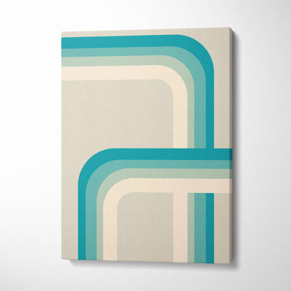 Modern retro geometric stripes canvas wall art in teal, sage green, cream, beige
