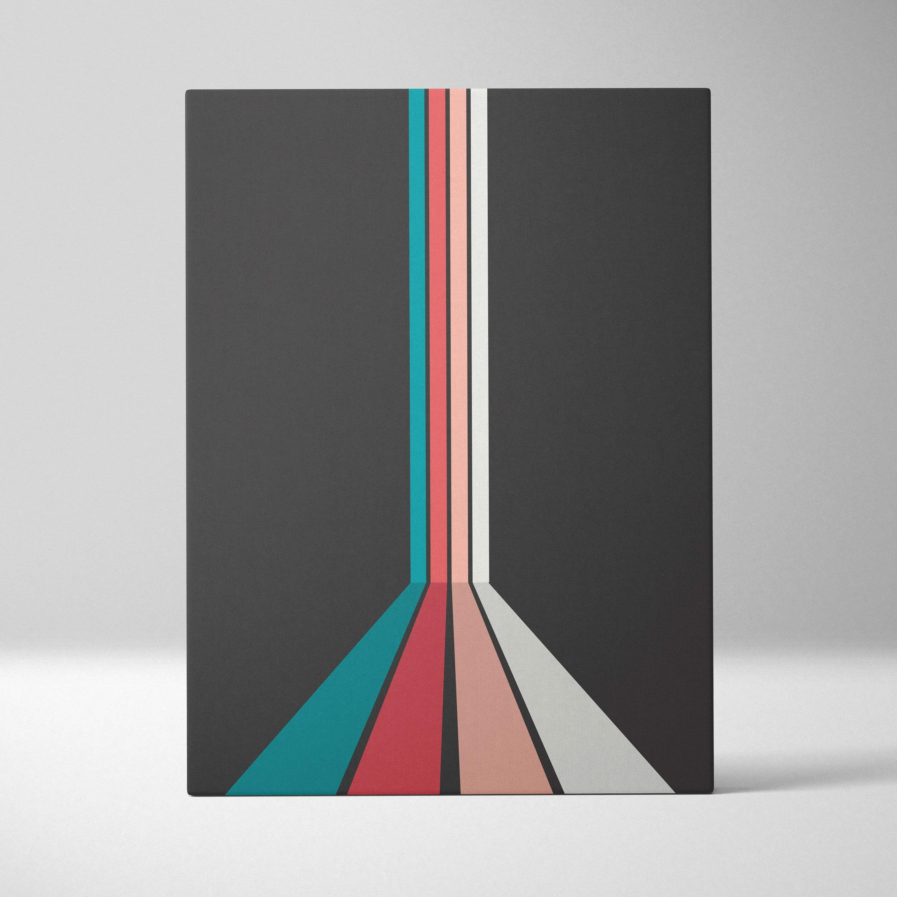 Retro geometric stripes converging in teal coral pink cream on charcoal canvas wall art