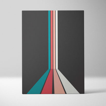 Retro geometric stripes converging in teal coral pink cream on charcoal canvas wall art