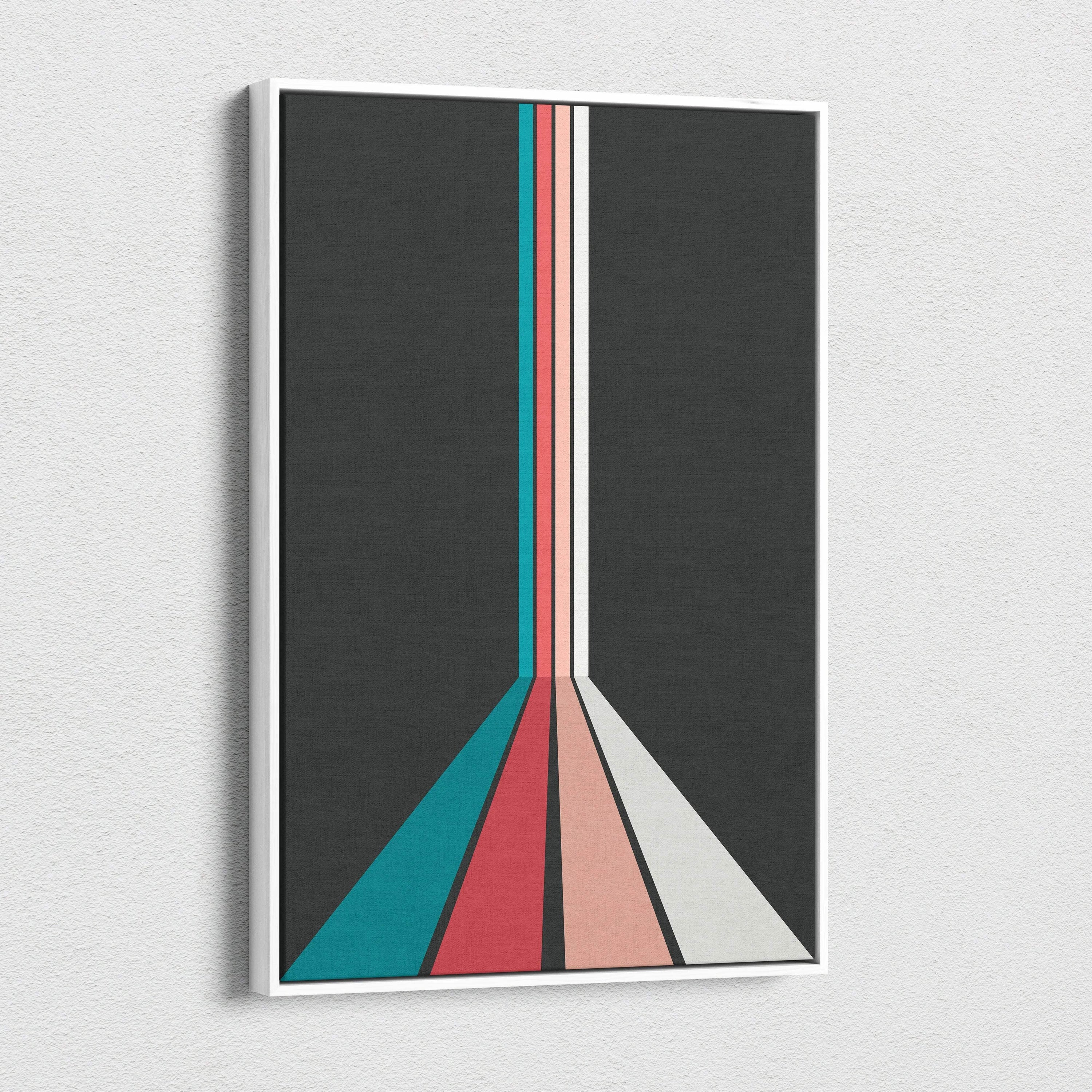 Retro geometric stripes converging in perspective canvas wall art in teal coral pink cream on charcoal