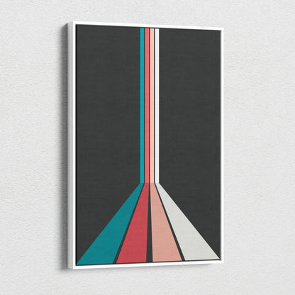 Retro geometric stripes converging in perspective canvas wall art in teal coral pink cream on charcoal