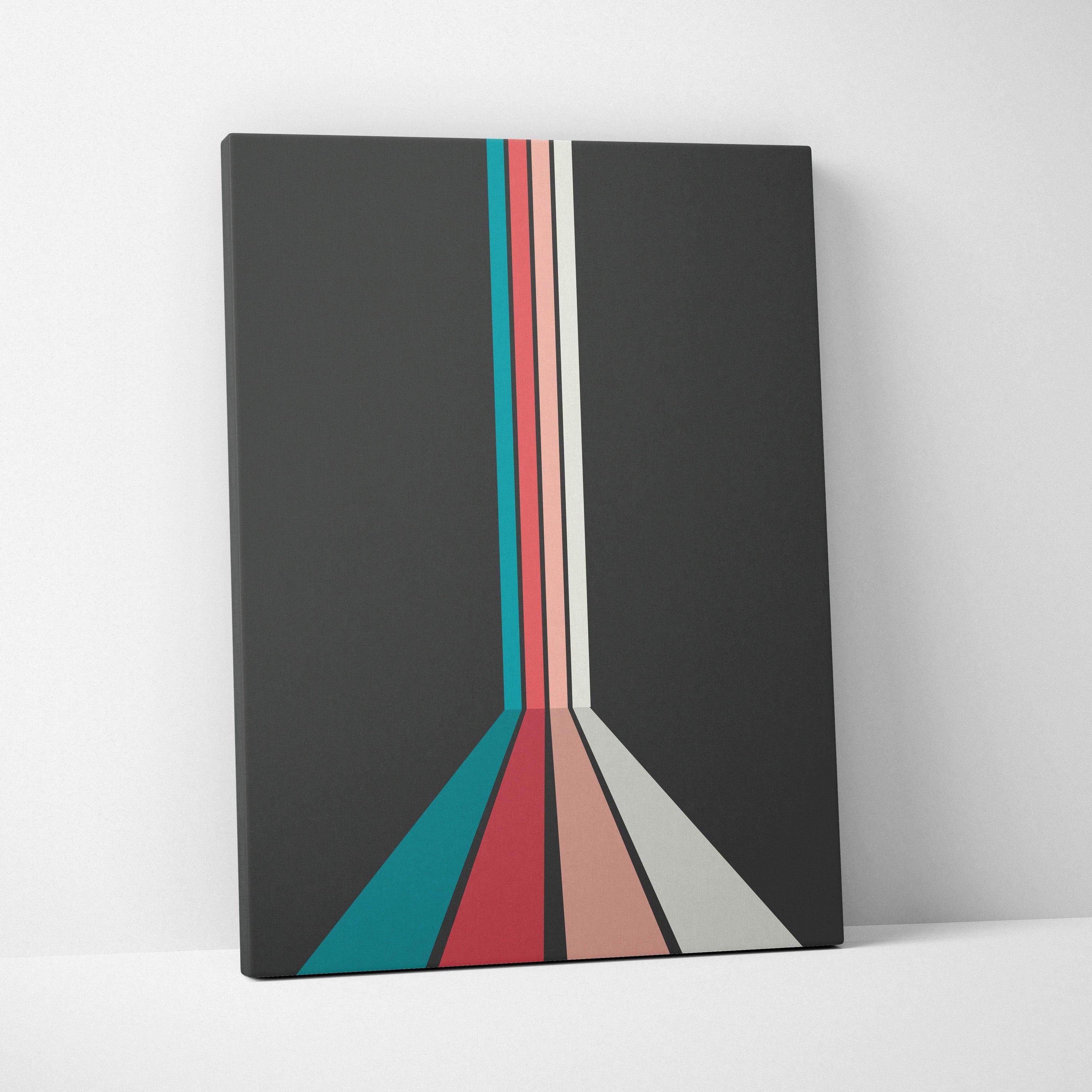 Retro geometric stripes converging in teal coral pink cream on charcoal canvas art