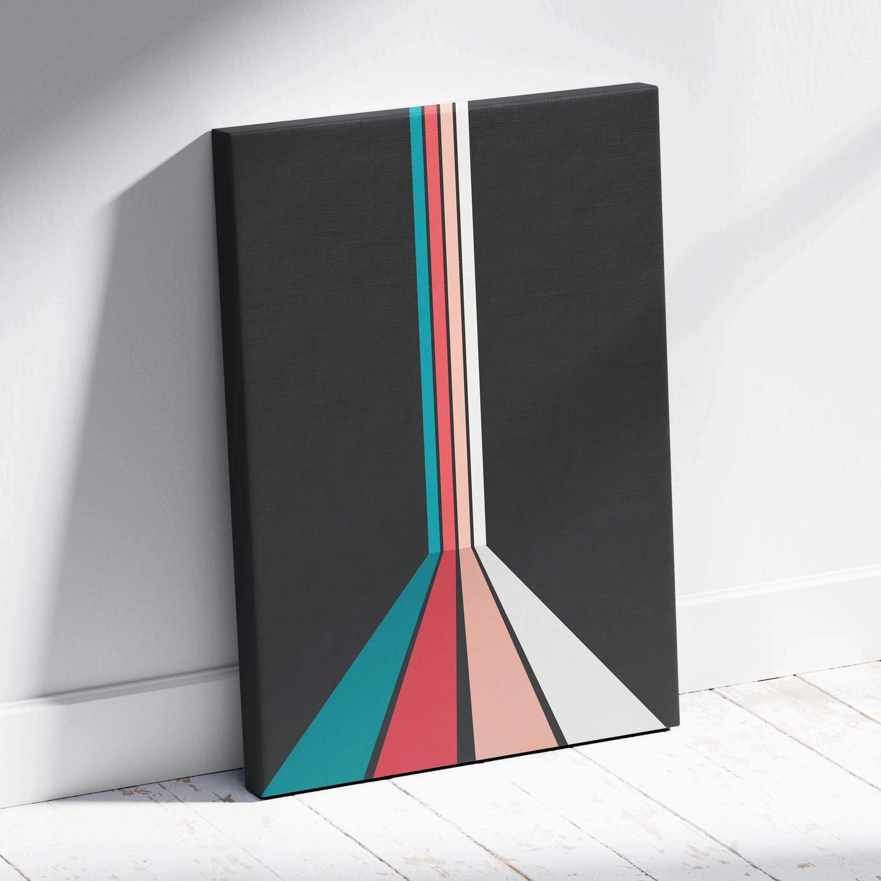 Retro geometric stripes converging in perspective canvas wall art in teal coral pink cream on charcoal