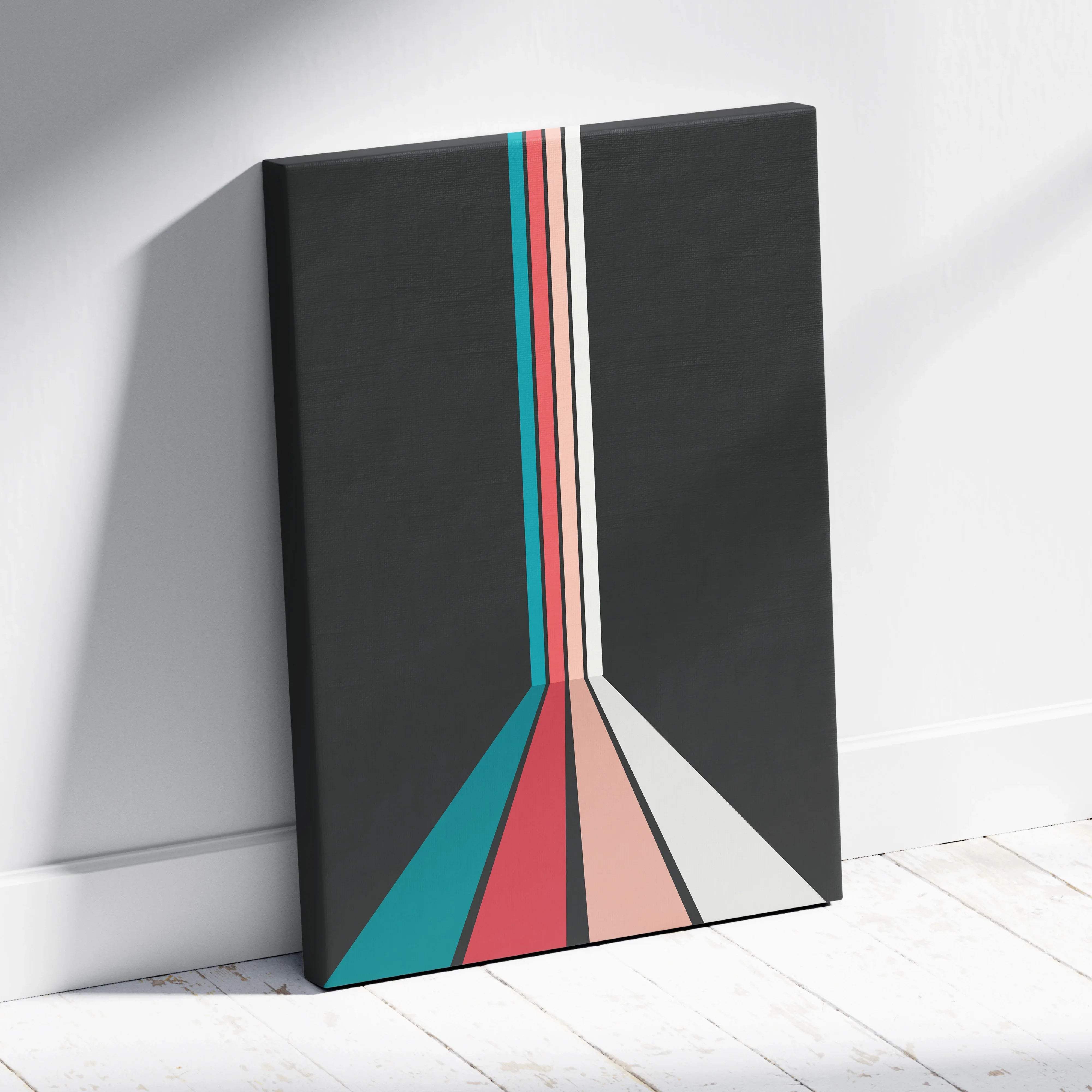 Retro geometric stripes converging in perspective canvas wall art in teal coral pink cream on charcoal