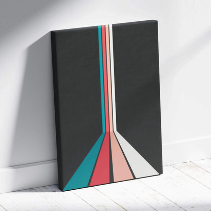 Retro geometric stripes converging in perspective canvas wall art in teal coral pink cream on charcoal