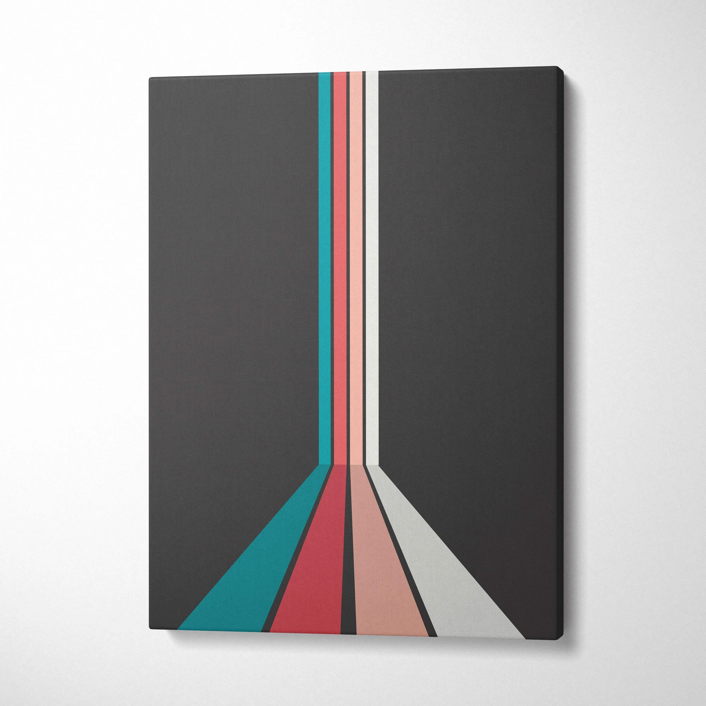 Retro geometric stripes converging in perspective canvas wall art in teal coral pink cream on charcoal